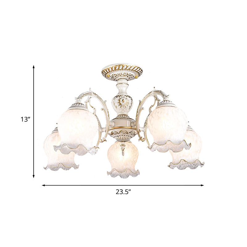 Rustic White Glass Semi Flush Mount Light Fixture with Beige Finish - Flower Living Room, 3/5/6 Bulbs