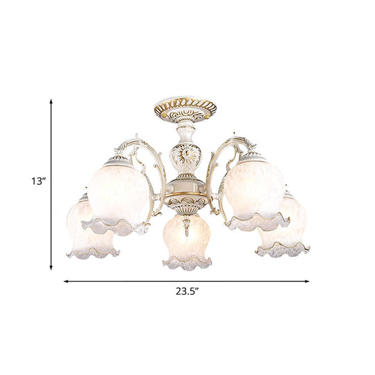 Rustic White Glass Flower Semi Flush Mount Light Fixture With 3/5/6 Bulbs For Living Rooms