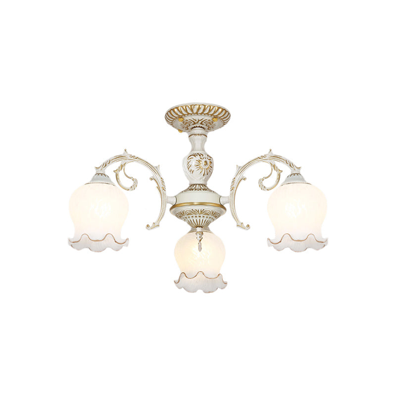 Rustic White Glass Flower Semi Flush Mount Light Fixture With 3/5/6 Bulbs For Living Rooms