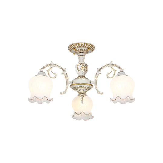 Rustic White Glass Flower Semi Flush Mount Light Fixture With 3/5/6 Bulbs For Living Rooms