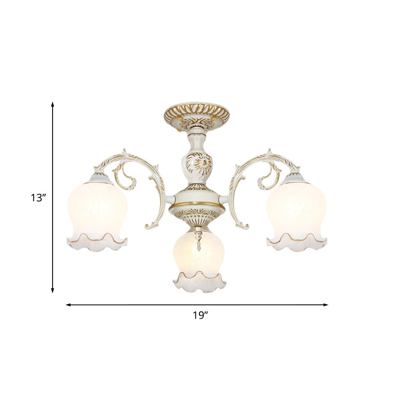 Rustic White Glass Semi Flush Mount Light Fixture with Beige Finish - Flower Living Room, 3/5/6 Bulbs