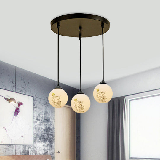 Modern Black Glass 3-Light Ceiling Pendant For Dining Room - Stylish White Print Multi-Canopy Design