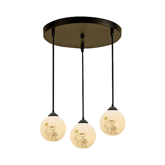 Modern Black Glass 3-Light Ceiling Pendant For Dining Room - Stylish White Print Multi-Canopy Design