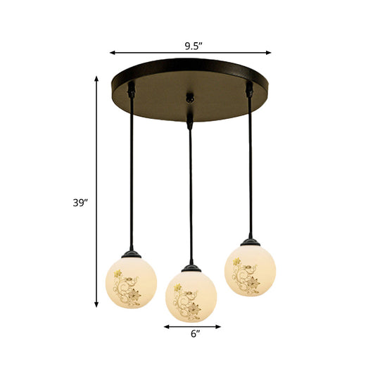 Modern Black Glass 3-Light Ceiling Pendant For Dining Room - Stylish White Print Multi-Canopy Design