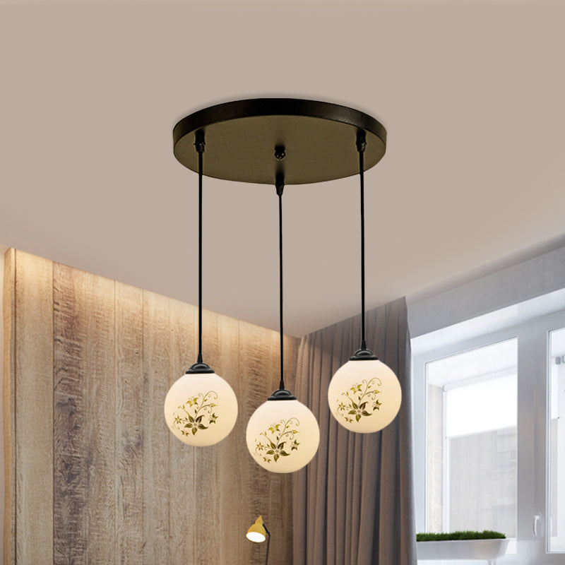 Modern Black Glass 3-Light Ceiling Pendant For Dining Room - Stylish White Print Multi-Canopy Design