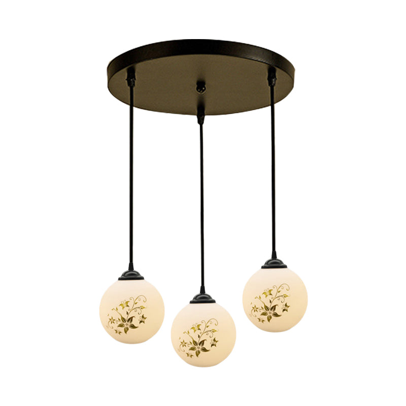 Modern Black Glass 3-Light Ceiling Pendant For Dining Room - Stylish White Print Multi-Canopy Design