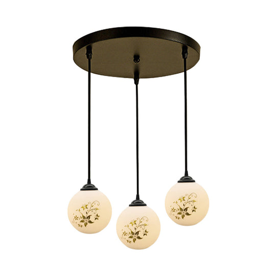 Modern Black Glass 3-Light Ceiling Pendant For Dining Room - Stylish White Print Multi-Canopy Design