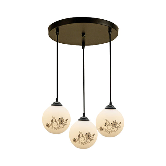 Modern Black Glass 3-Light Ceiling Pendant For Dining Room - Stylish White Print Multi-Canopy Design