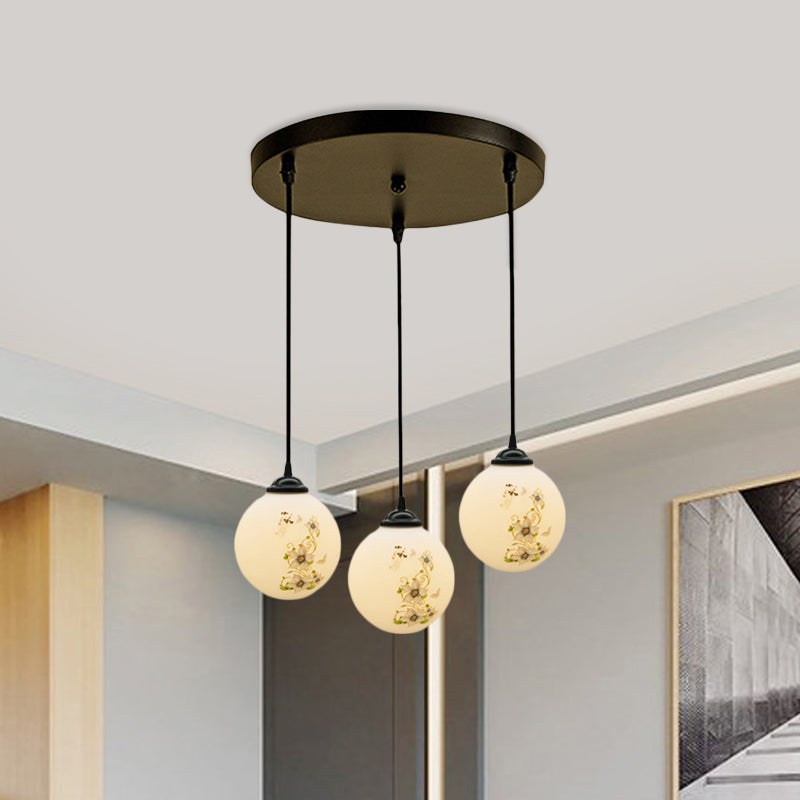 Modern Black Glass 3-Light Ceiling Pendant For Dining Room - Stylish White Print Multi-Canopy Design