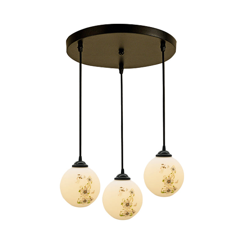 Modern Black Glass 3-Light Ceiling Pendant For Dining Room - Stylish White Print Multi-Canopy Design