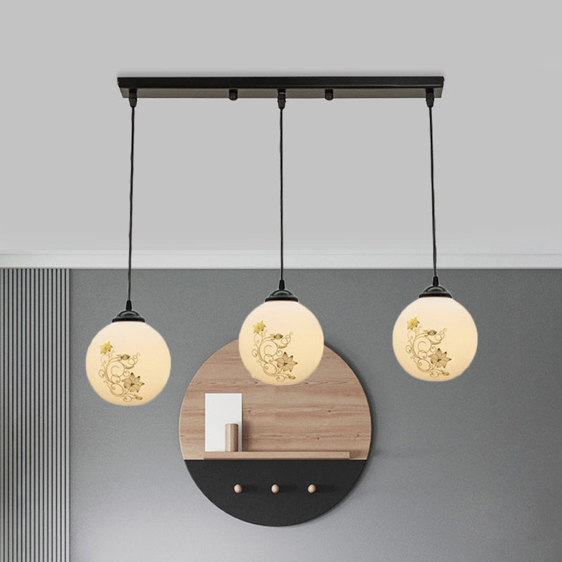 Modern Black Glass 3-Light Ceiling Pendant For Dining Room - Stylish White Print Multi-Canopy Design