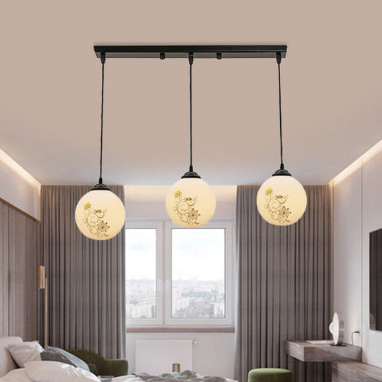 Modern Black Glass 3-Light Ceiling Pendant For Dining Room - Stylish White Print Multi-Canopy Design