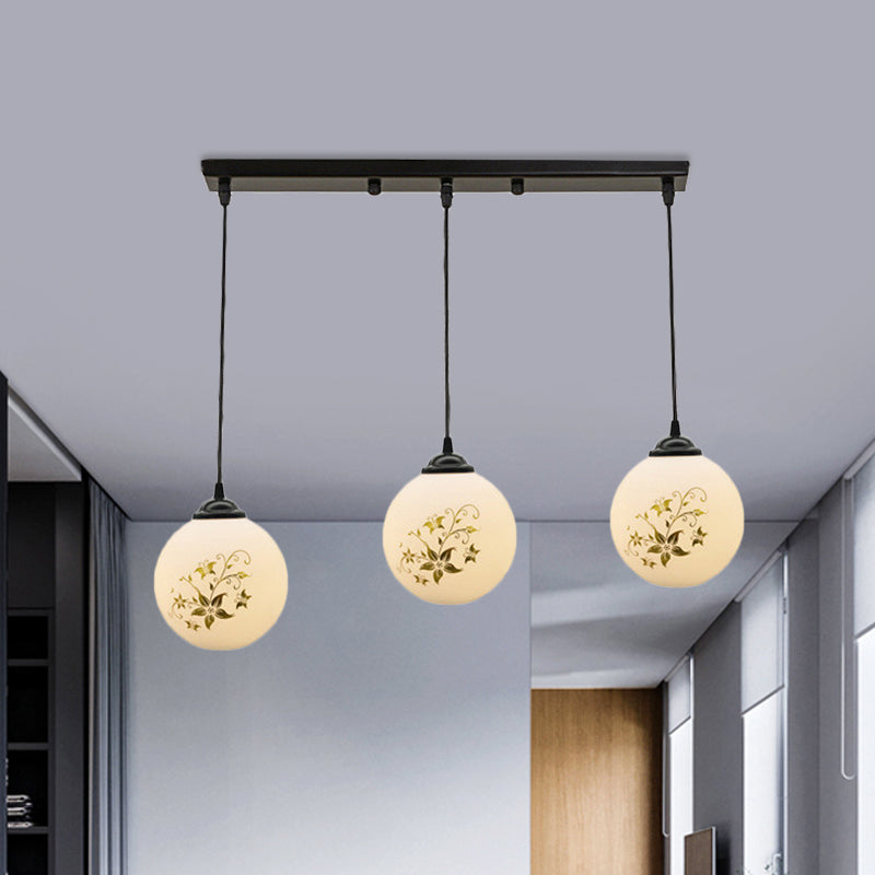 Modern Black Glass 3-Light Ceiling Pendant For Dining Room - Stylish White Print Multi-Canopy Design