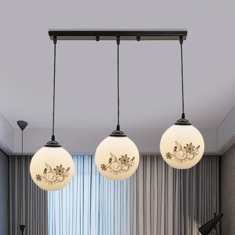 Modern Black Glass 3-Light Ceiling Pendant For Dining Room - Stylish White Print Multi-Canopy Design