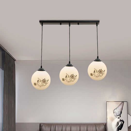 Modern Black Glass 3-Light Ceiling Pendant For Dining Room - Stylish White Print Multi-Canopy Design