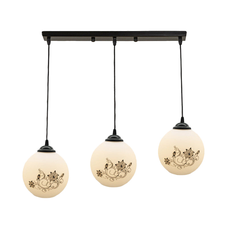 Modern Black Glass 3-Light Ceiling Pendant For Dining Room - Stylish White Print Multi-Canopy Design