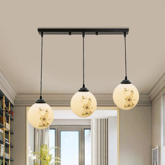 Modern Black Glass 3-Light Ceiling Pendant For Dining Room - Stylish White Print Multi-Canopy Design