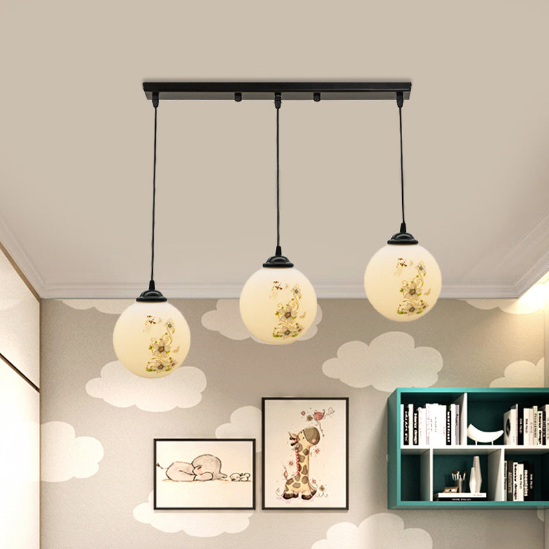 Modern Black Glass 3-Light Ceiling Pendant For Dining Room - Stylish White Print Multi-Canopy Design