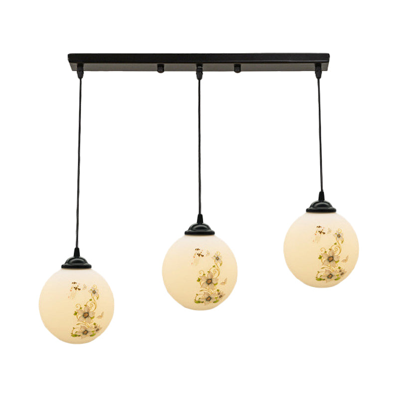 Modern Black Glass 3-Light Ceiling Pendant For Dining Room - Stylish White Print Multi-Canopy Design