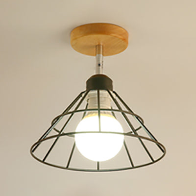 Black Metal Semi Flush Mount Ceiling Light - Chic Industrial Cone/Sputnik Design with Open Cage