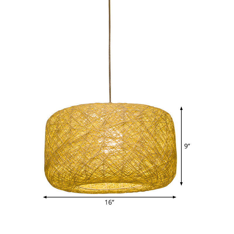 Asian Rattan Drum Pendant Light Fixture With Flaxen Lampshade - 1 Bulb Hanging Kit