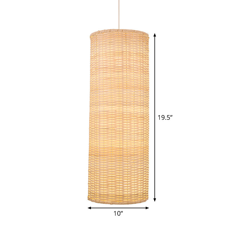 1-Head Bamboo Rattan Hanging Pendant Light - Minimalist Column Design In Beige For Living Room