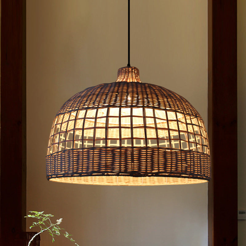 Rustic Gridded Bamboo Pendant Lamp For Table Suspended By 1 Bulb