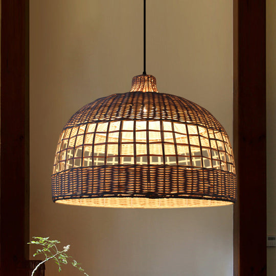 Rustic Gridded Bamboo Pendant Lamp For Table Suspended By 1 Bulb Beige