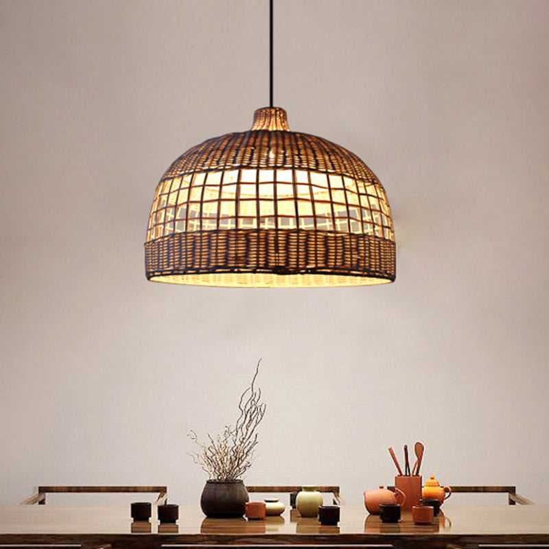 Rustic Gridded Bamboo Pendant Lamp For Table Suspended By 1 Bulb