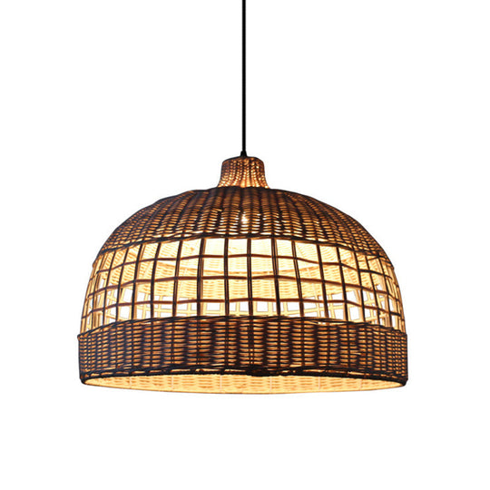 Rustic Gridded Bamboo Pendant Lamp For Table Suspended By 1 Bulb