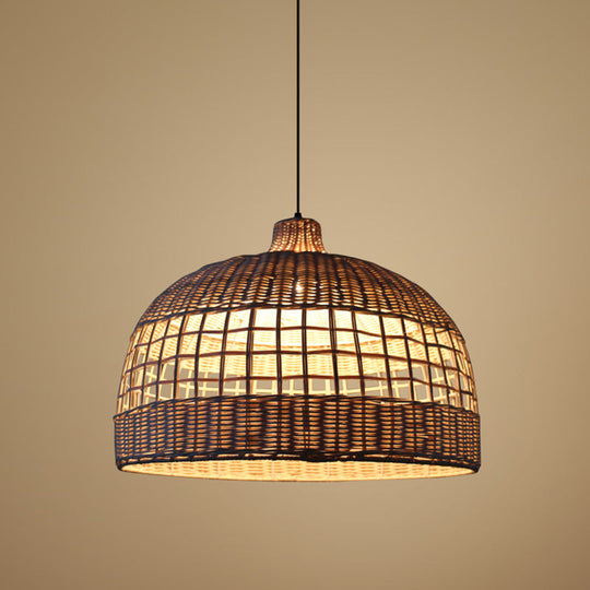 Rustic Gridded Bamboo Pendant Lamp For Table Suspended By 1 Bulb