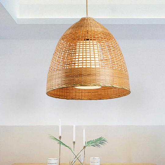 Bamboo Grid Bell Single-Bulb Asian Pendant Light In Beige - Living Room Hanging Lamp