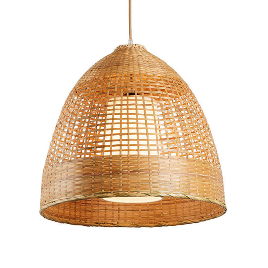 Bamboo Grid Bell Single-Bulb Asian Pendant Light In Beige - Living Room Hanging Lamp