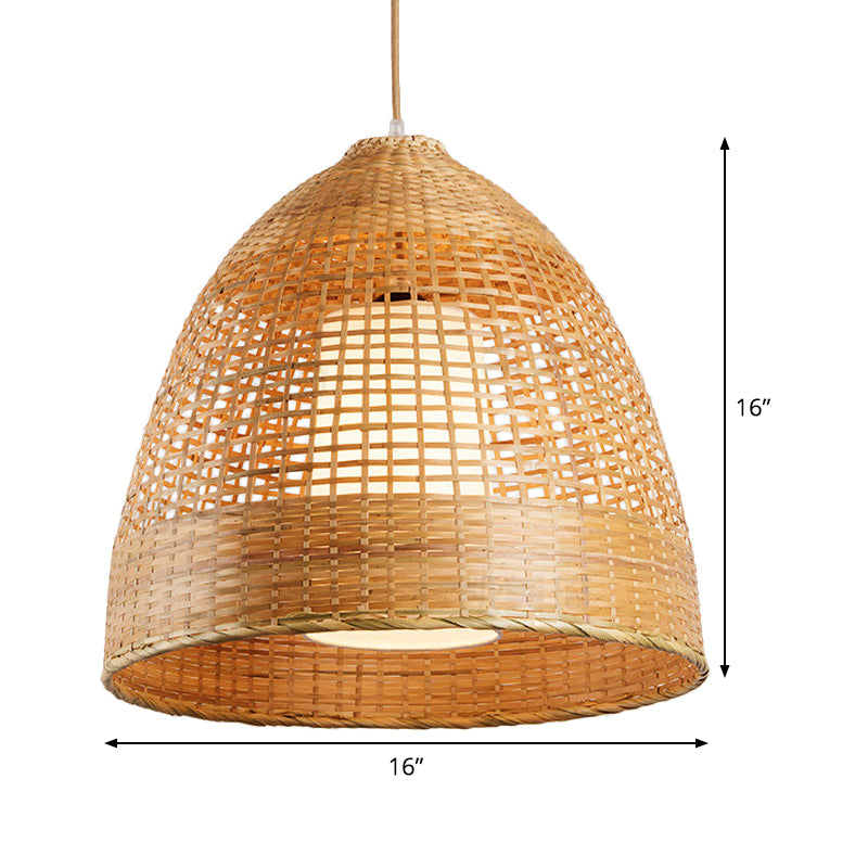 Bamboo Grid Bell Single-Bulb Asian Pendant Light In Beige - Living Room Hanging Lamp