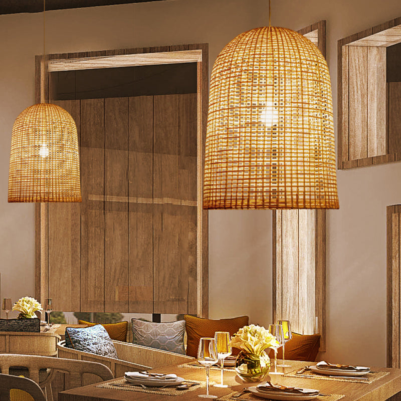 Chinese Beige Pendant Lighting With Bamboo Shade - 1-Light Restaurant Ceiling