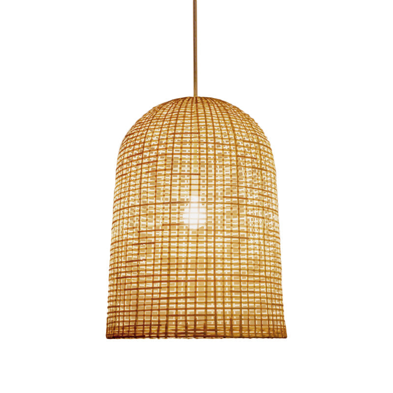 Chinese Beige Pendant Lighting With Bamboo Shade - 1-Light Restaurant Ceiling