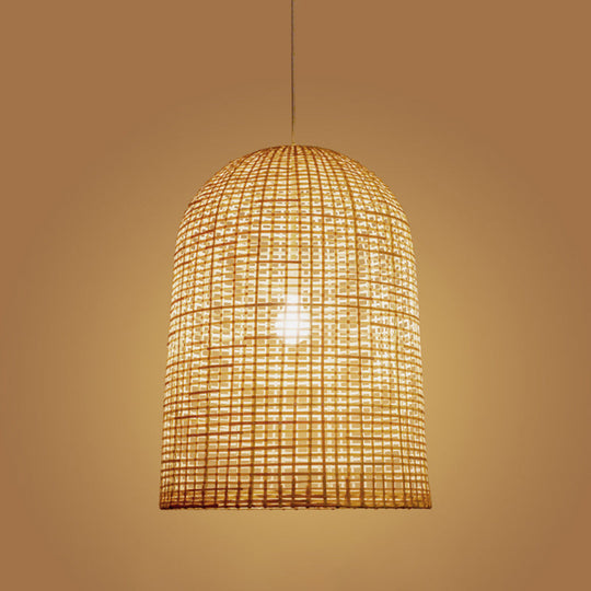 Chinese Beige Pendant Lighting With Bamboo Shade - 1-Light Restaurant Ceiling