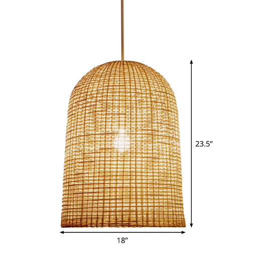 Chinese Beige Pendant Lighting With Bamboo Shade - 1-Light Restaurant Ceiling