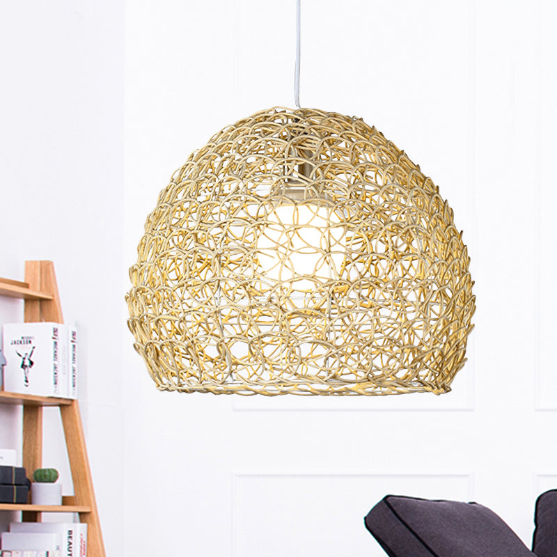 Sleek Bamboo Beige Pendant Light For Dining Room - Hemispherical Pendulum Design