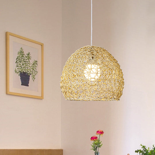 Sleek Bamboo Beige Pendant Light For Dining Room - Hemispherical Pendulum Design