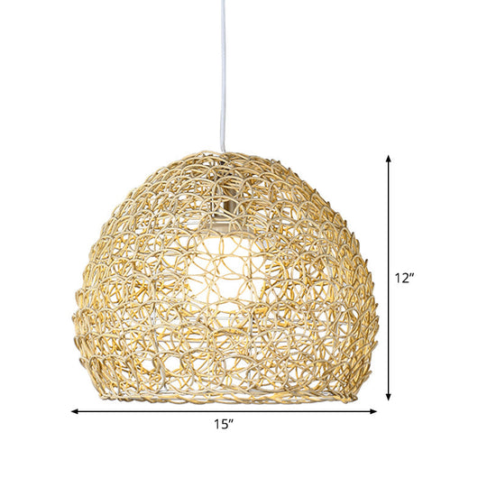 Sleek Bamboo Beige Pendant Light For Dining Room - Hemispherical Pendulum Design