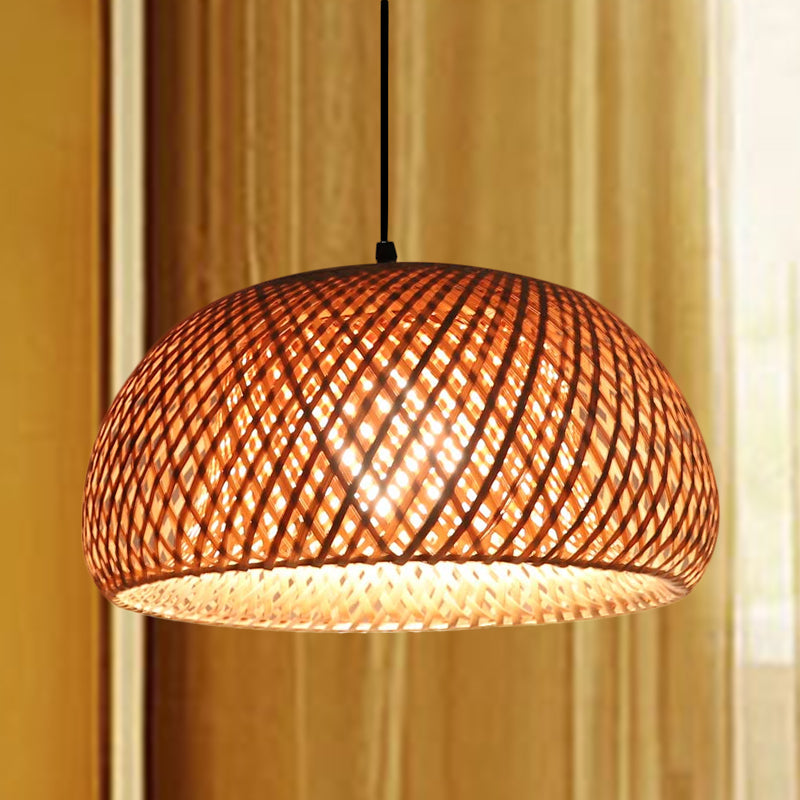 Dual Dome Bamboo Hanging Light - 12/15 Wide Pendant Lamp Beige Shade Asian-Inspired Parlor Lighting