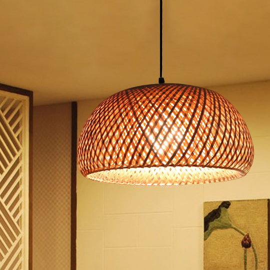 Dual Dome Bamboo Hanging Light - 12/15 Wide Pendant Lamp Beige Shade Asian-Inspired Parlor Lighting