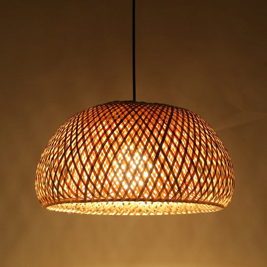 Dual Dome Bamboo Hanging Light - 12/15 Wide Pendant Lamp Beige Shade Asian-Inspired Parlor Lighting