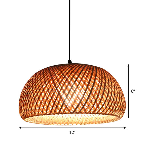 Dual Dome Bamboo Hanging Light - 12/15 Wide Pendant Lamp Beige Shade Asian-Inspired Parlor Lighting