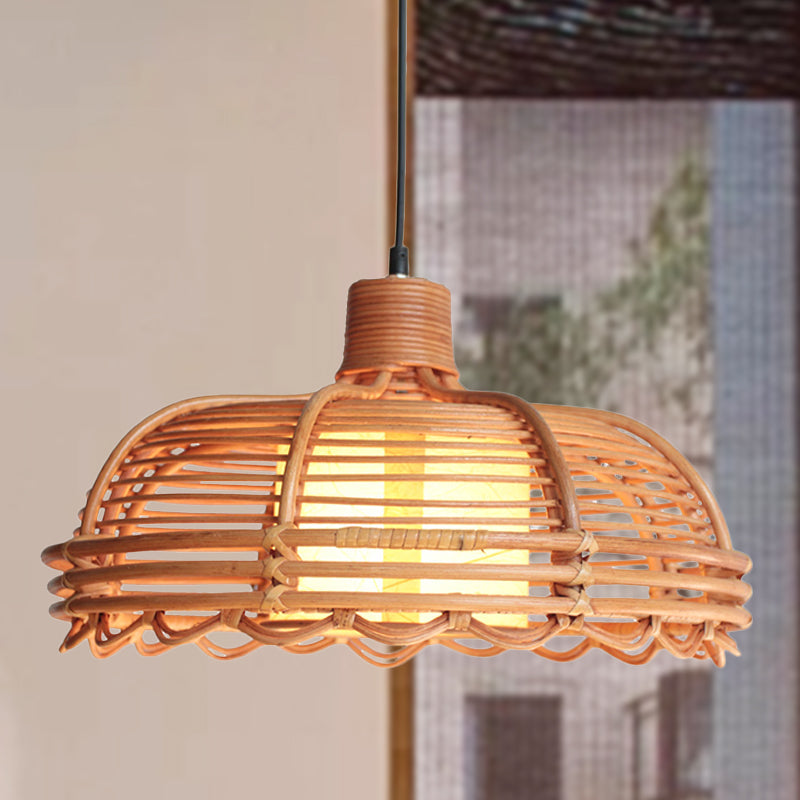 Bamboo Braided Drop Lamp | Chinese Style Ceiling Pendant With Cylinder Shade 1-Head Beige Shallow