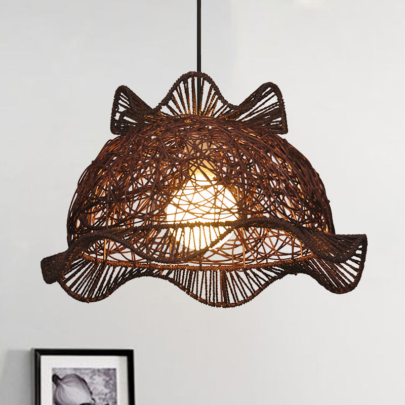 Modernist Bamboo Ceiling Lamp With Ruffle-Edge Bowl Pendant For Dining Room