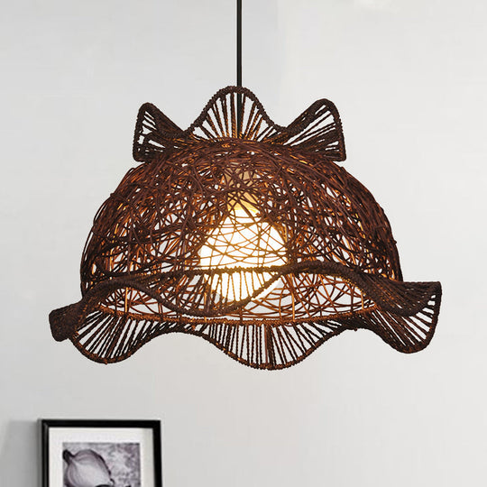 Modernist Bamboo Ceiling Lamp With Ruffle-Edge Bowl Pendant For Dining Room