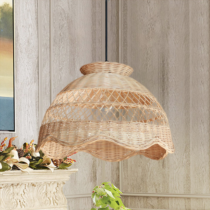 Bamboo Hollow Hanging Light: Beige Pendant With Scalloped Trim - Asia Style