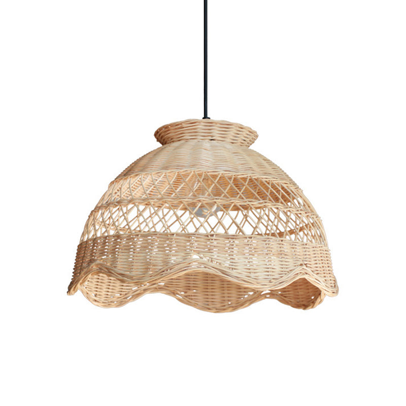 Bamboo Hollow Hanging Light: Beige Pendant With Scalloped Trim - Asia Style